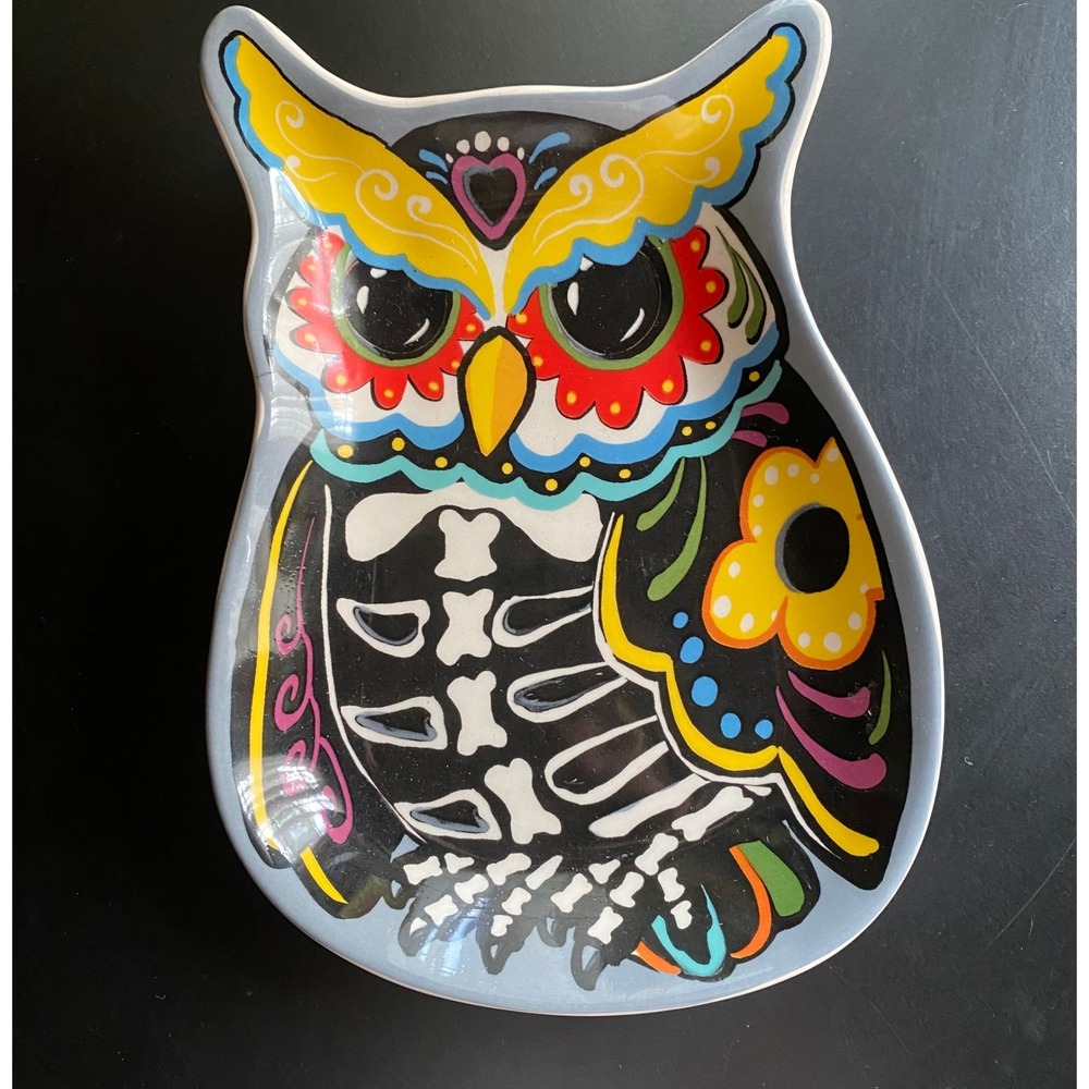 ⁠Cracker Barrel Day of the Dead Sugar Skull Owl Spoon Rest Halloween Stoneware⁠
